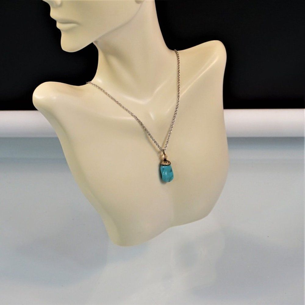 Delicate Blue Pendant Necklace Simulated Turquoise Stone  Silver Tone Chain